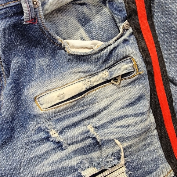 PREME Mens Distressed Red Black Side Stripe Moto Denim Jeans Streetwear 38 / 34 - Picture 6 of 13